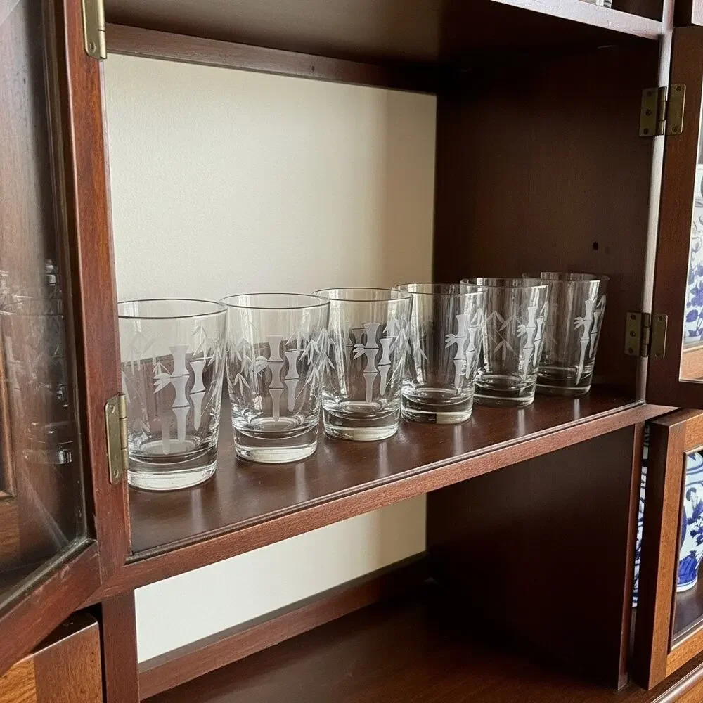 Vintage Sasaki Noritake Bamboo Etched Rocks Glasses Set 6-MCM-Japan-Barware